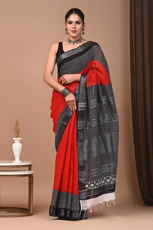 HAND BLOCK PRINTED COTTON LINEN SAREE WITH BLOUSE