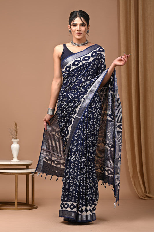 HAND BLOCK PRINTED COTTON LINEN SAREE WITH BLOUSE