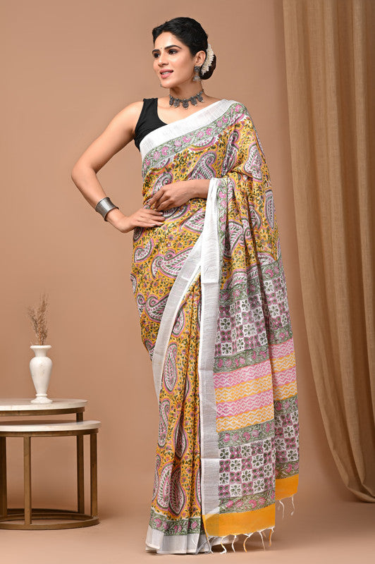 HAND BLOCK PRINTED COTTON LINEN SAREE WITH BLOUSE