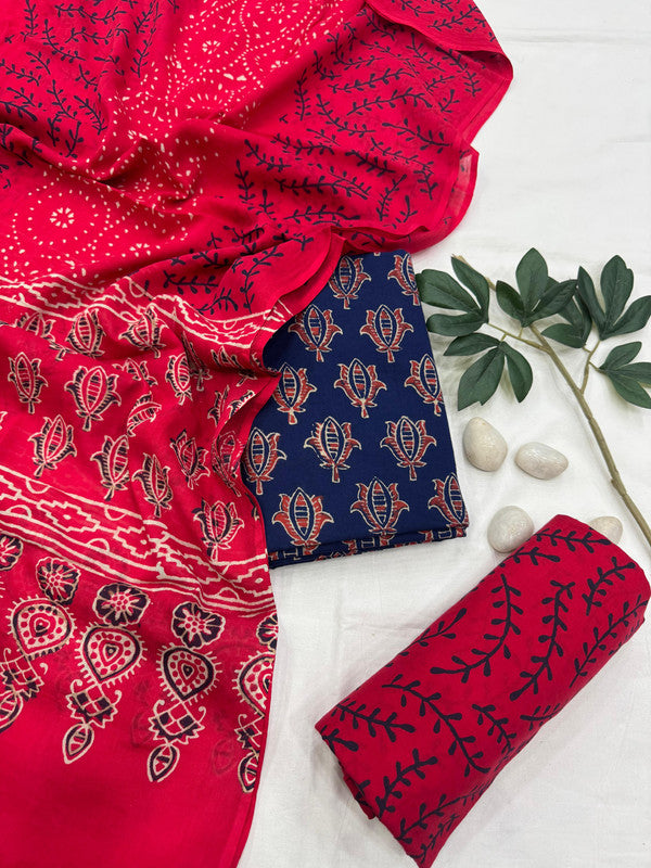 Pure Cotton Unstitched Suit With Cotton Dupatta