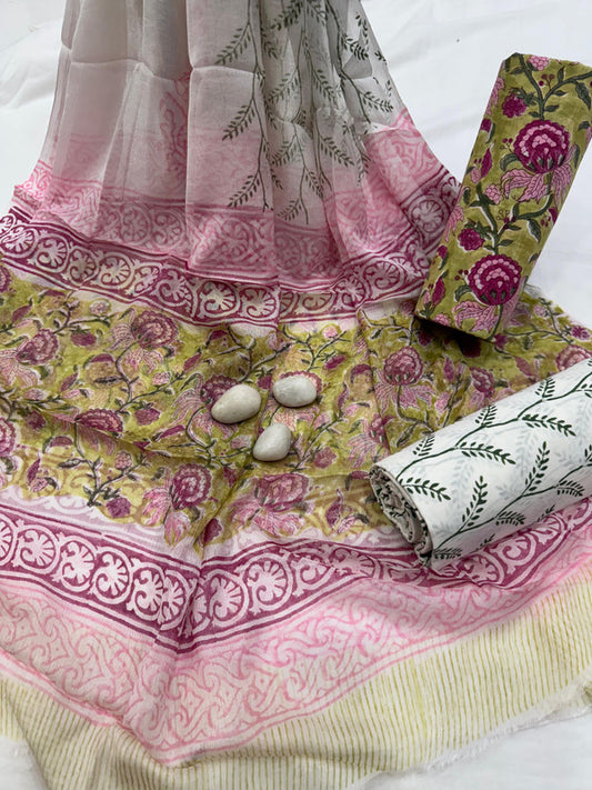 Pure Cotton Unstitched Suit With Chiffon Dupatta