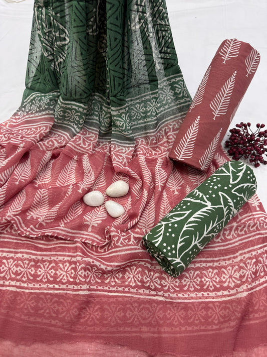 Pure Cotton Unstitched Suit With Chiffon Dupatta