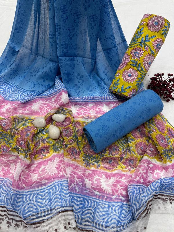 Pure Cotton Unstitched Suit With Chiffon Dupatta