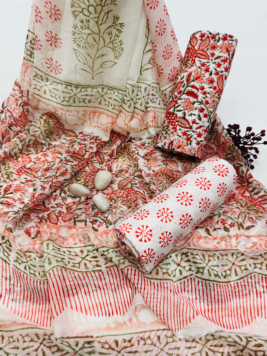 Pure Cotton Unstitched Suit With Chiffon Dupatta
