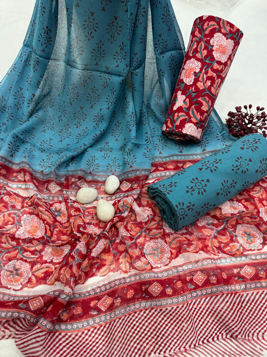 Pure Cotton Unstitched Suit With Chiffon Dupatta
