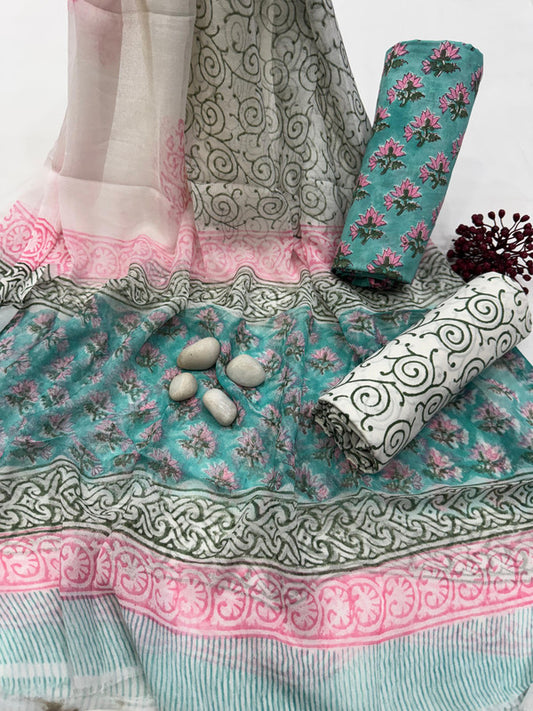Pure Cotton Unstitched Suit With Chiffon Dupatta