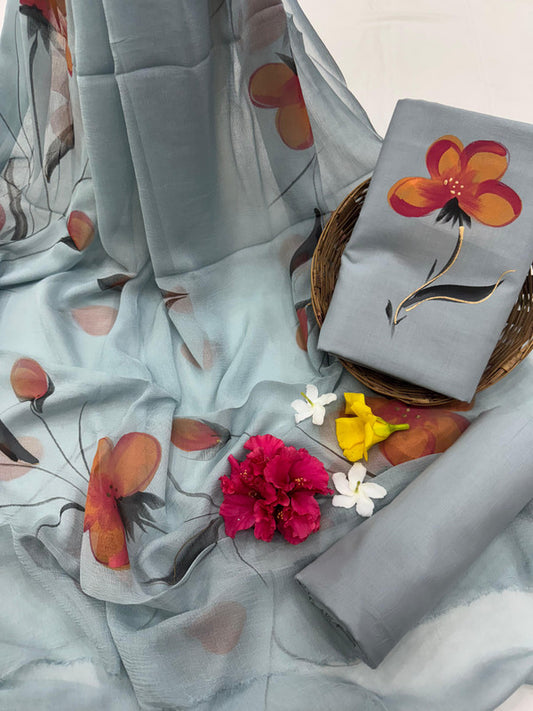 Pure Cotton Handpaint Unstitched Suit With Chiffon Dupatta