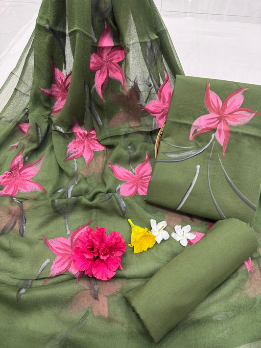 Pure Cotton Handpaint Unstitched Suit With Chiffon Dupatta