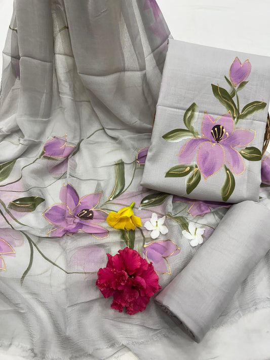 Pure Cotton Handpaint Unstitched Suit With Chiffon Dupatta