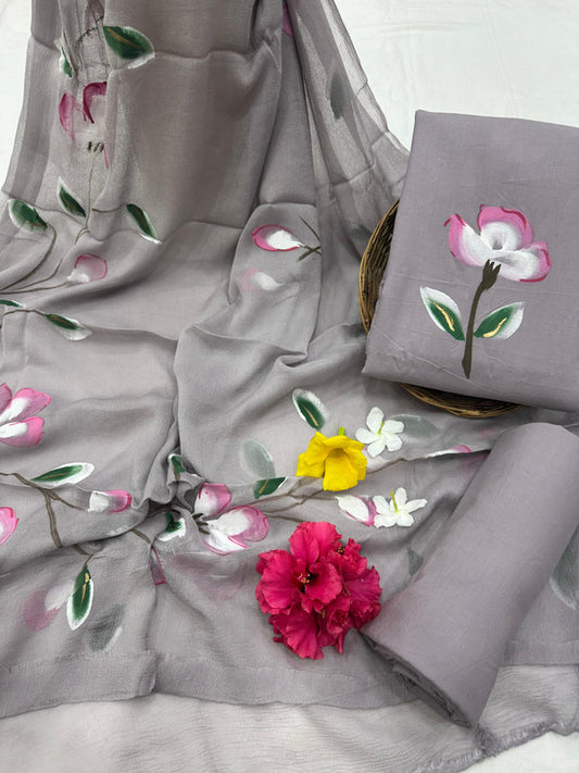 Pure Cotton Handpaint Unstitched Suit With Chiffon Dupatta