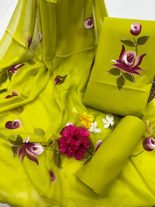 Pure Cotton Handpaint Unstitched Suit With Chiffon Dupatta
