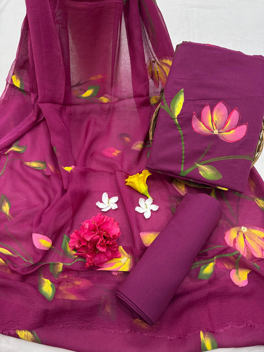 Pure Cotton Handpaint Unstitched Suit With Chiffon Dupatta