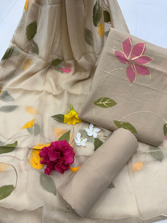 Pure Cotton Handpaint Unstitched Suit With Chiffon Dupatta