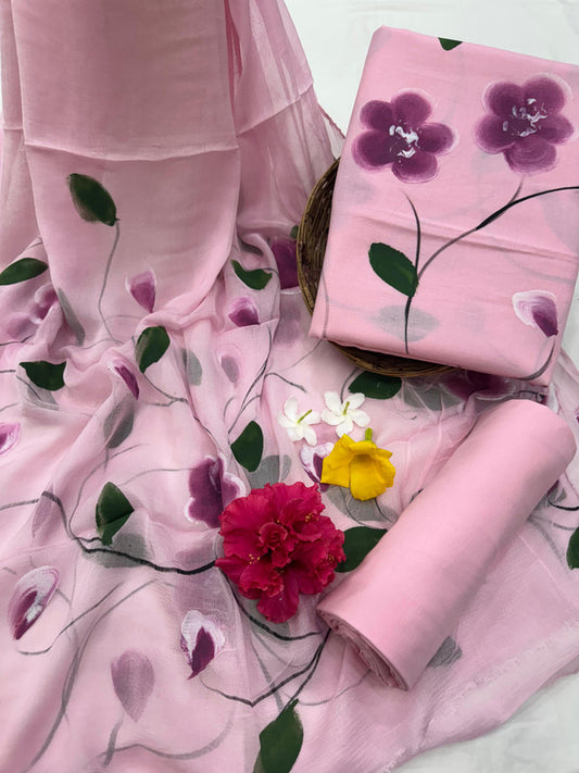 Pure Cotton Handpaint Unstitched Suit With Chiffon Dupatta