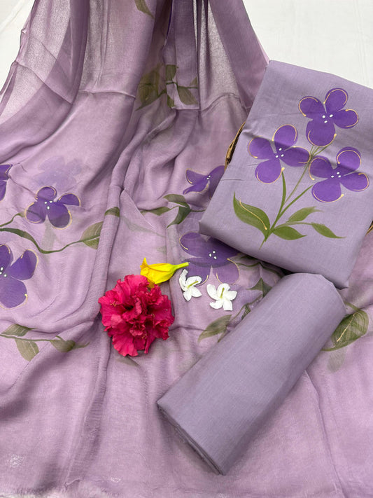 Pure Cotton Handpaint Unstitched Suit With Chiffon Dupatta