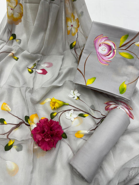 Pure Cotton Handpaint Unstitched Suit With Chiffon Dupatta