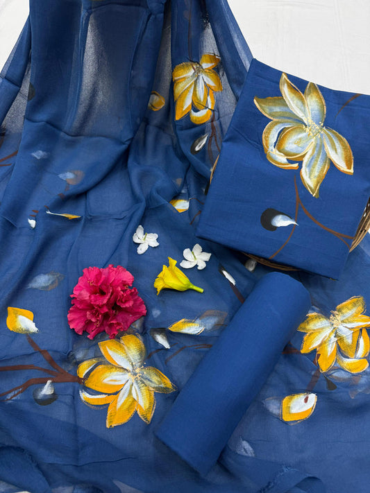 Pure Cotton Handpaint Unstitched Suit With Chiffon Dupatta