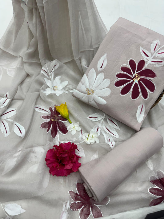 Pure Cotton Handpaint Unstitched Suit With Chiffon Dupatta