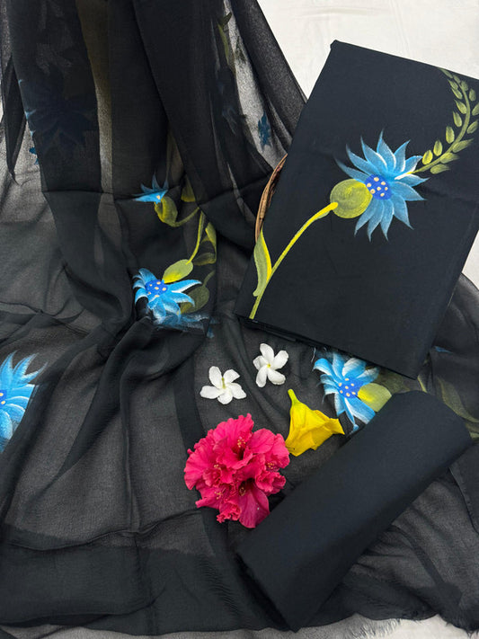 Pure Cotton Handpaint Unstitched Suit With Chiffon Dupatta