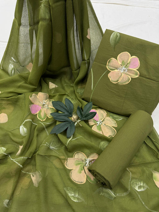 Pure Cotton Handpaint Unstitched Suit With Chiffon Dupatta