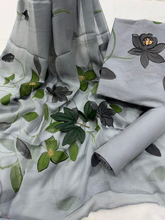 Pure Cotton Handpaint Unstitched Suit With Chiffon Dupatta