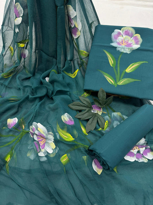 Pure Cotton Handpaint Unstitched Suit With Chiffon Dupatta
