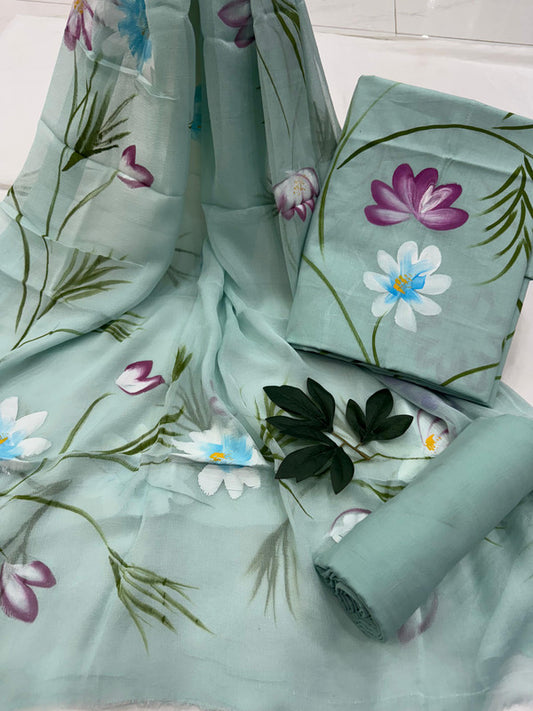 Pure Cotton Handpaint Unstitched Suit With Chiffon Dupatta