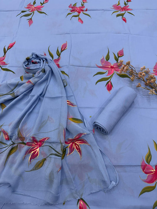 Pure Cotton Handpaint Unstitched Suit With Chiffon Dupatta
