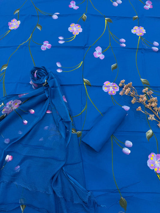 Pure Cotton Handpaint Unstitched Suit With Chiffon Dupatta