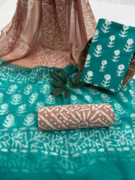 Pure Cotton Unstitched Suit With Chiffon Dupatta