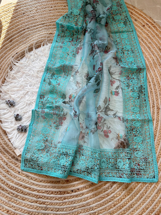 Organza Silk Saree With Chikankari and Zari Work