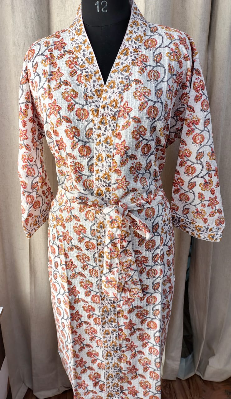 Luxury Waffle Cotton Bathrobe – Unisex | Handblock Printed | Free Size