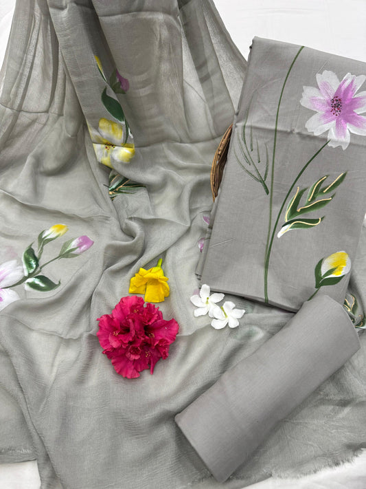 Pure Cotton Handpaint Unstitched Suit With Chiffon Dupatta