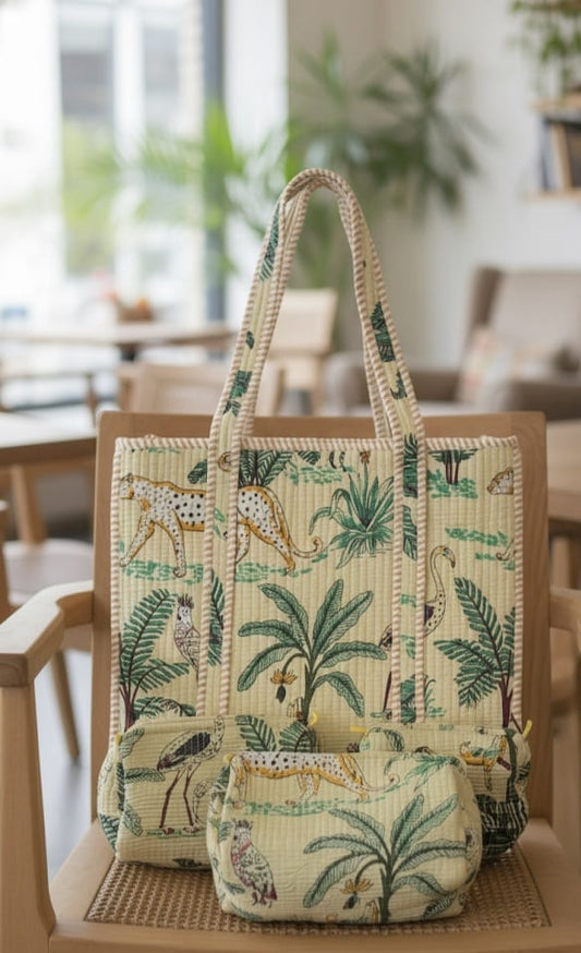 Beige Jungle Safari Tote and Pouches (With Zipper)