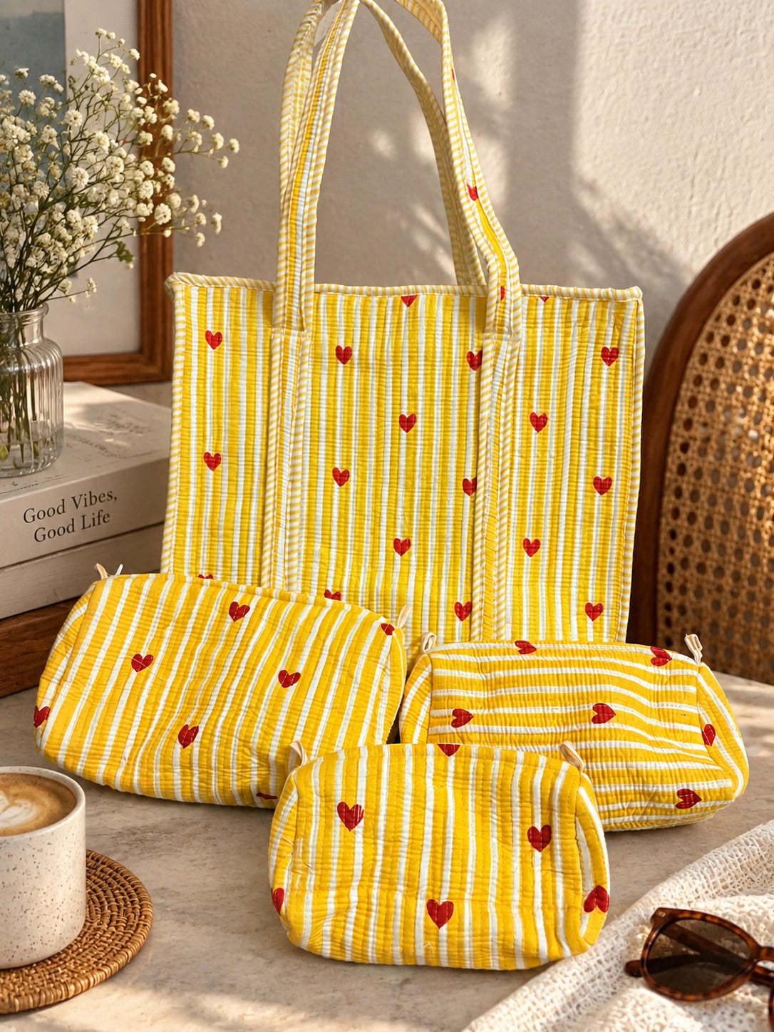 Honey Heart Tote and Pouches (With Zipper)
