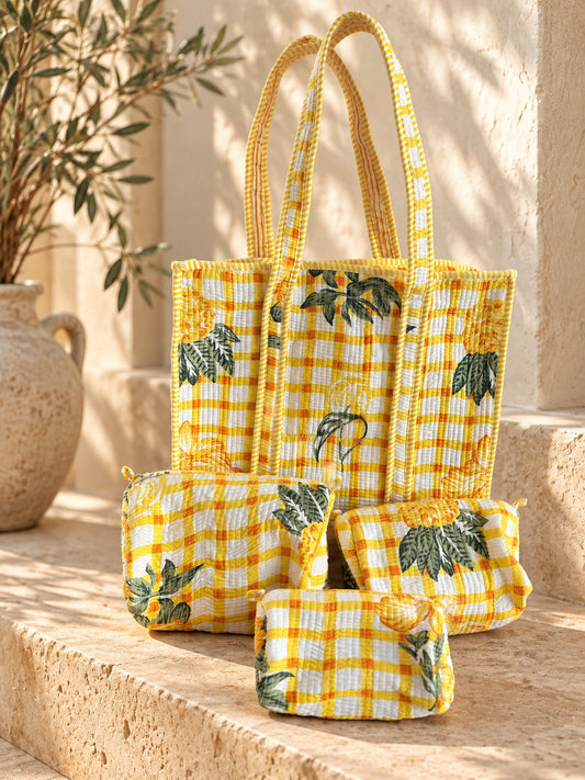Sunlit Gingham Garden Tote and Pouches (With Zipper)