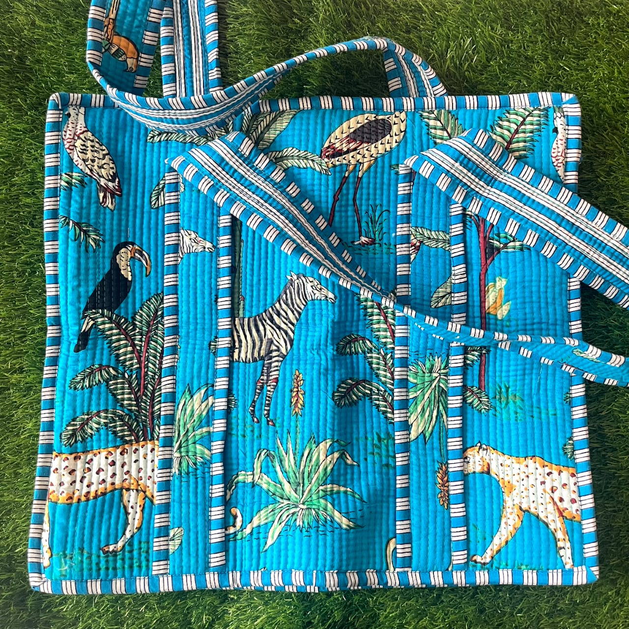 Handblock Printed Quilted Tote Bag with concealed zip ( 17x18x 6 inches)
