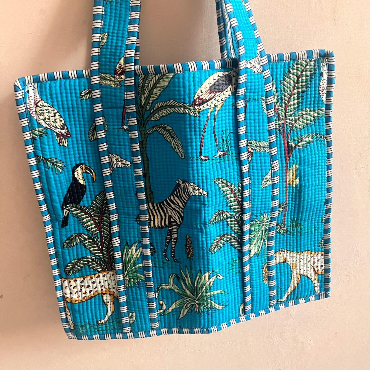 Handblock Printed Quilted Tote Bag with concealed zip ( 17x18x 6 inches)