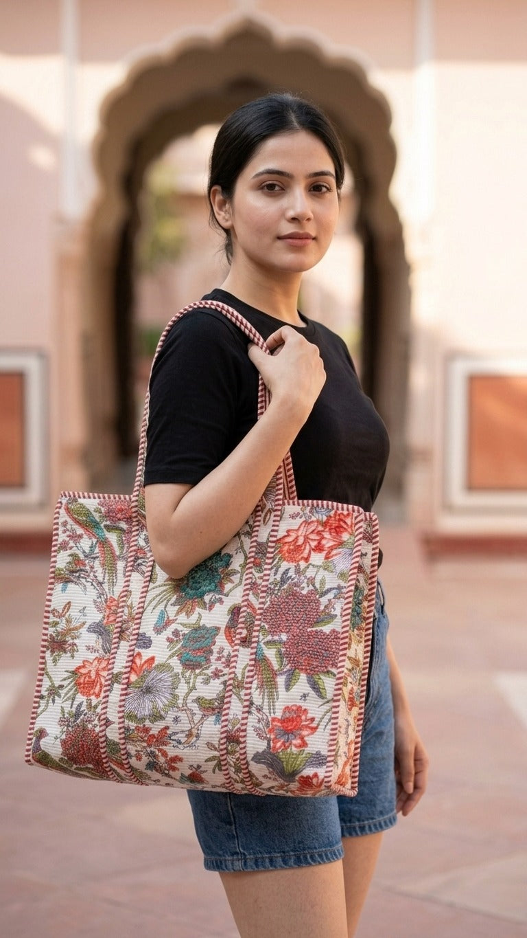 Ivory Paradise Bloom Tote (With Zipper)