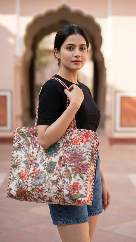 Ivory Paradise Bloom Tote (With Zipper)