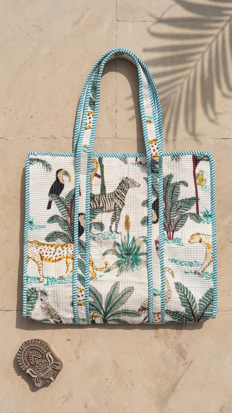 White Jungle Safari Tote (With Zipper)