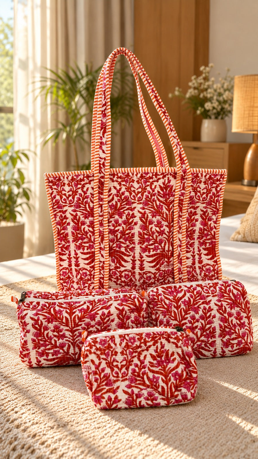 The Garnet Bloom Tote and Pouches (With Zipper)