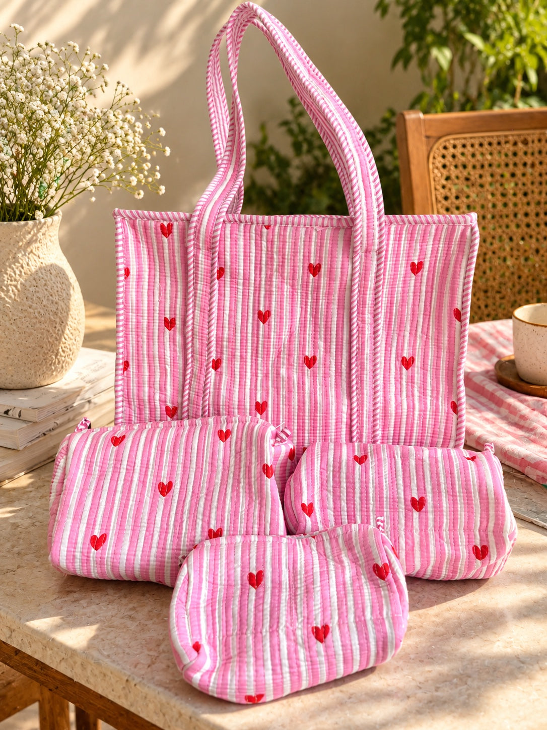 Blush Little Heart Tote and Pouches (With Zipper)