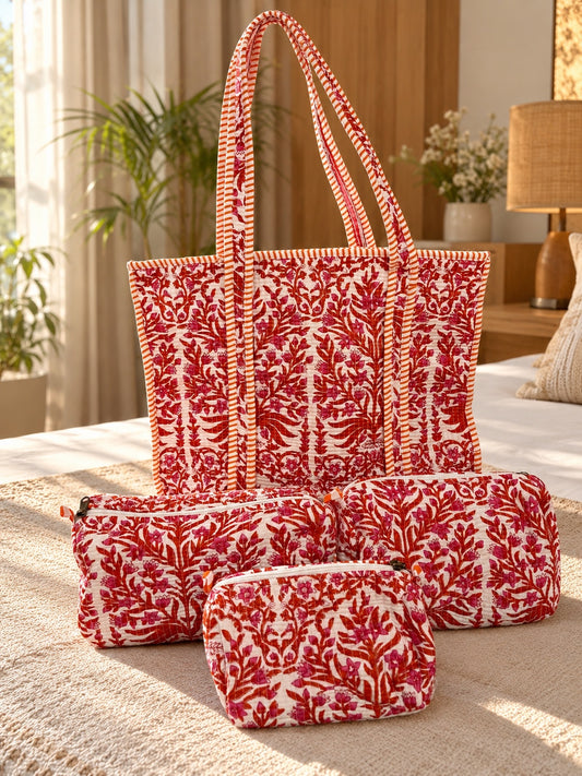 The Garnet Bloom Tote and Pouches (With Zipper)