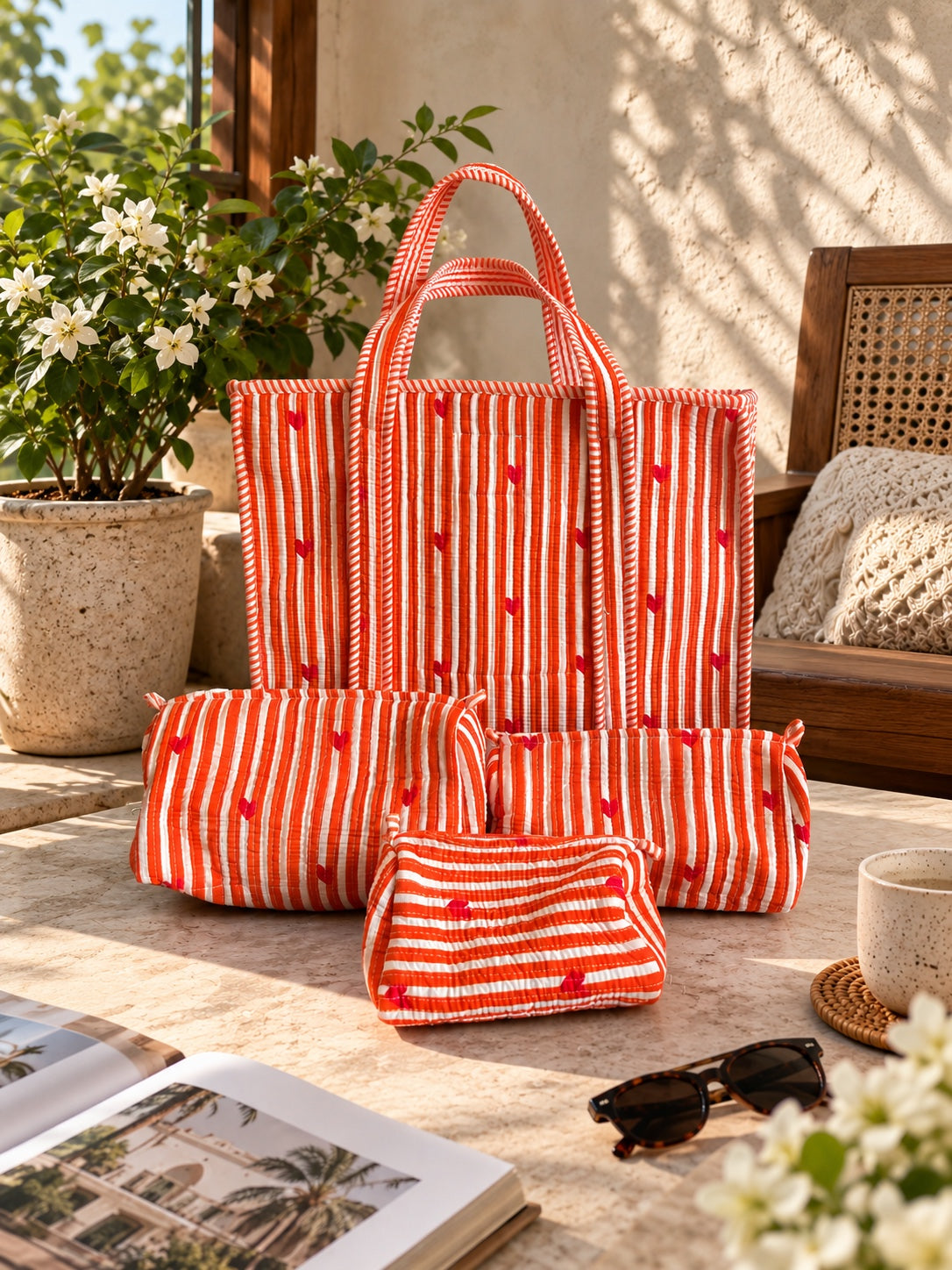 Coral Little Heart Tote and Pouches (With Zipper)
