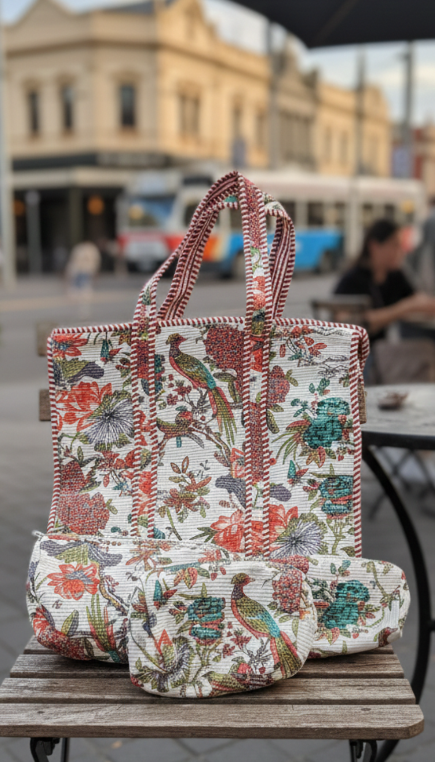 Ivory Paradise Bloom Tote and Pouches (With Zipper)