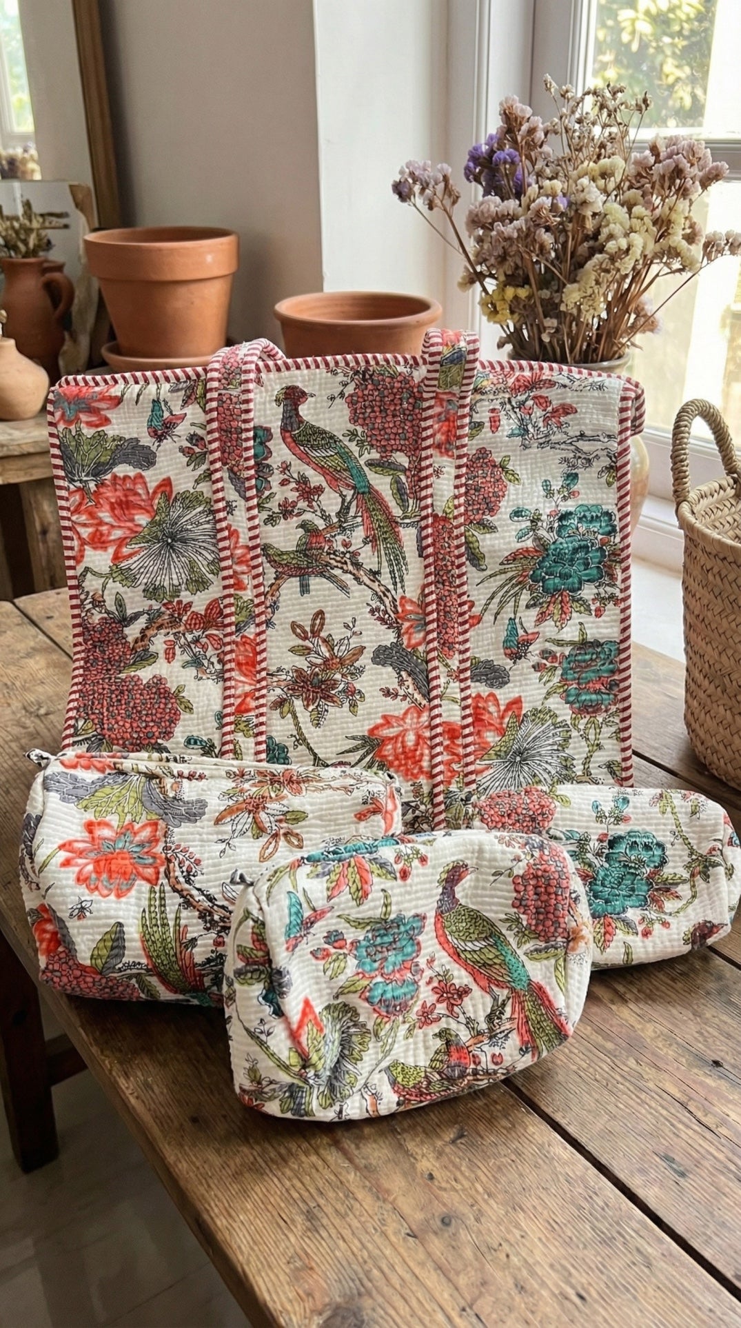 Ivory Paradise Bloom Tote and Pouches (With Zipper)