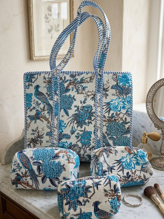 Bluebird Bloom Tote and Pouches (With Zipper)