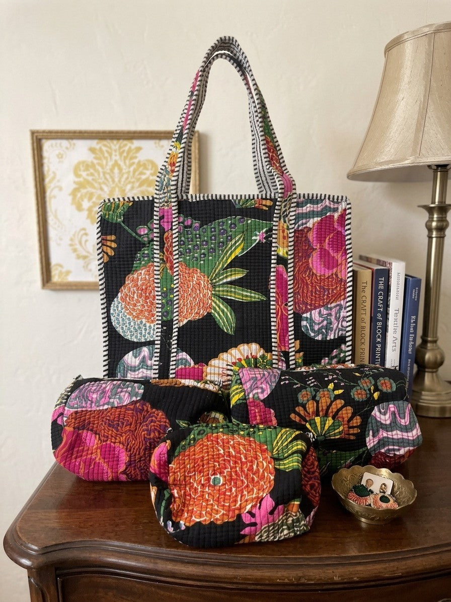 Midnight Bloom Tote and Pouches (With Zipper)