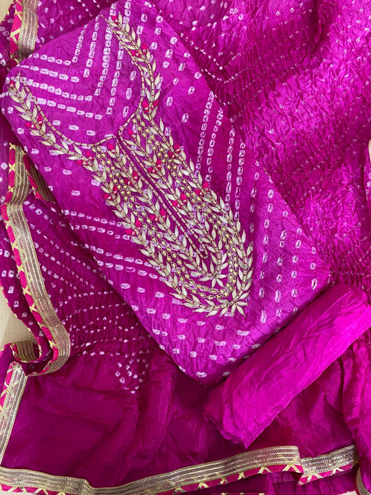 Bandhani Heavy Silk Fabric Suit With Beautiful Hand Gotapatti Work Dupatta